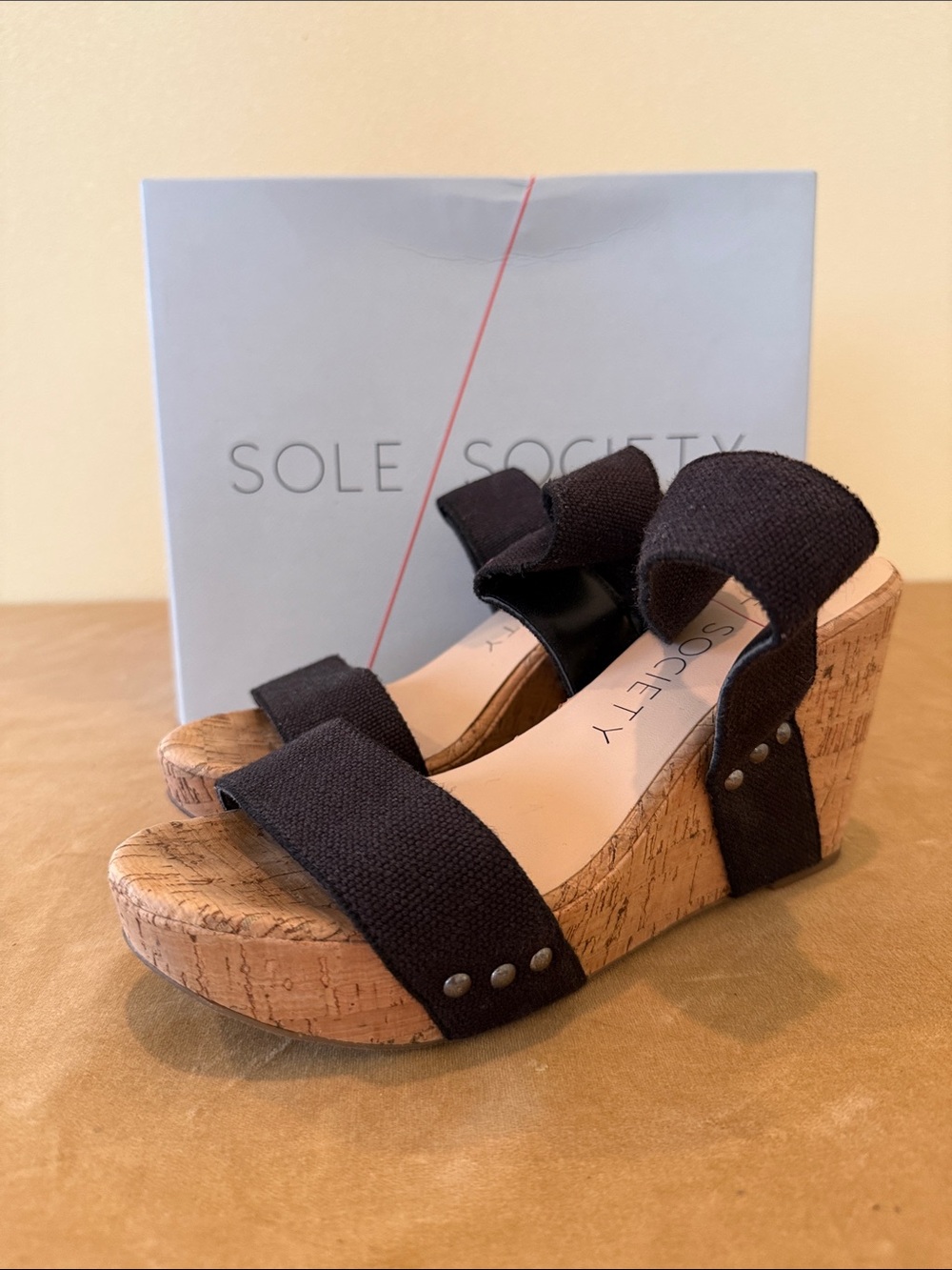 Sole Society Black Fabric Cork Wedge Sandals